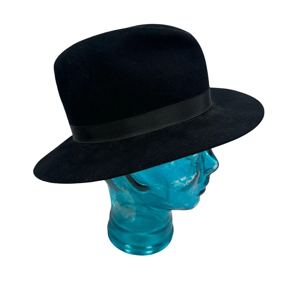 Fiorentino Black Fur Felt Fedora Hat Made in Italy Small Pinch Front‎ Wide Brim